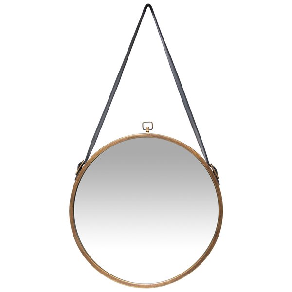 Infinity Instruments Farmhouse Circle Mirror - 16" Round Antique Gold Finished Metal Frame Leather Strap for Hanging 15531A